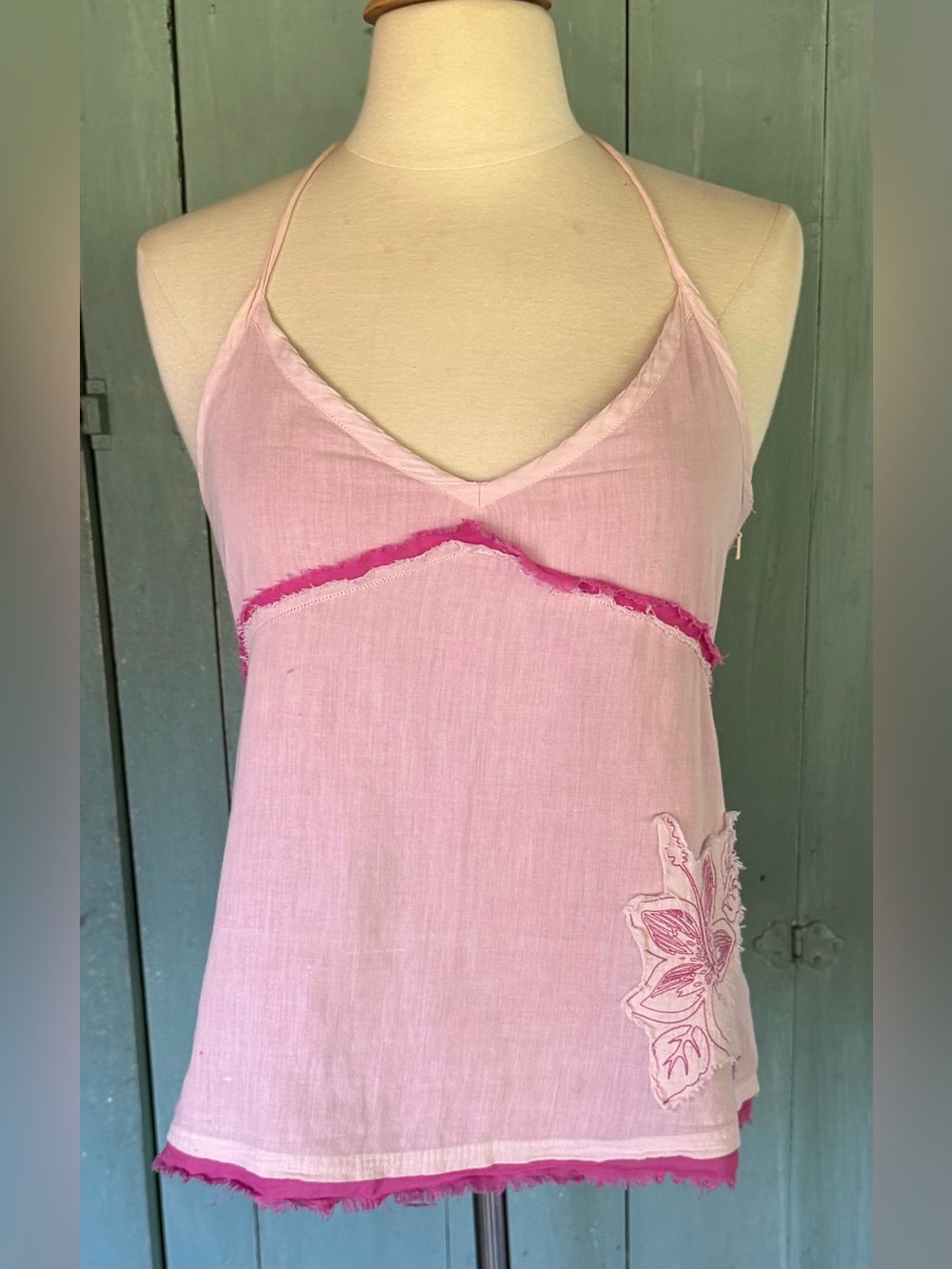 SOLD!! O'Neill Tank Top L Pink Embroidery Patches Floral Boho Halter Beachy L - Picture 4 of 12